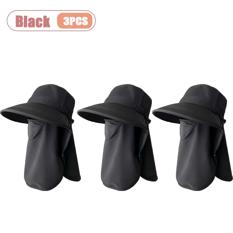 Breathable UV Protection Sun Hat with Face Cover and Neck Flap for Women Summer Outdoor Fishing Hiking Gardening Wide Brim Cap Oasis Select Black-3PCS
