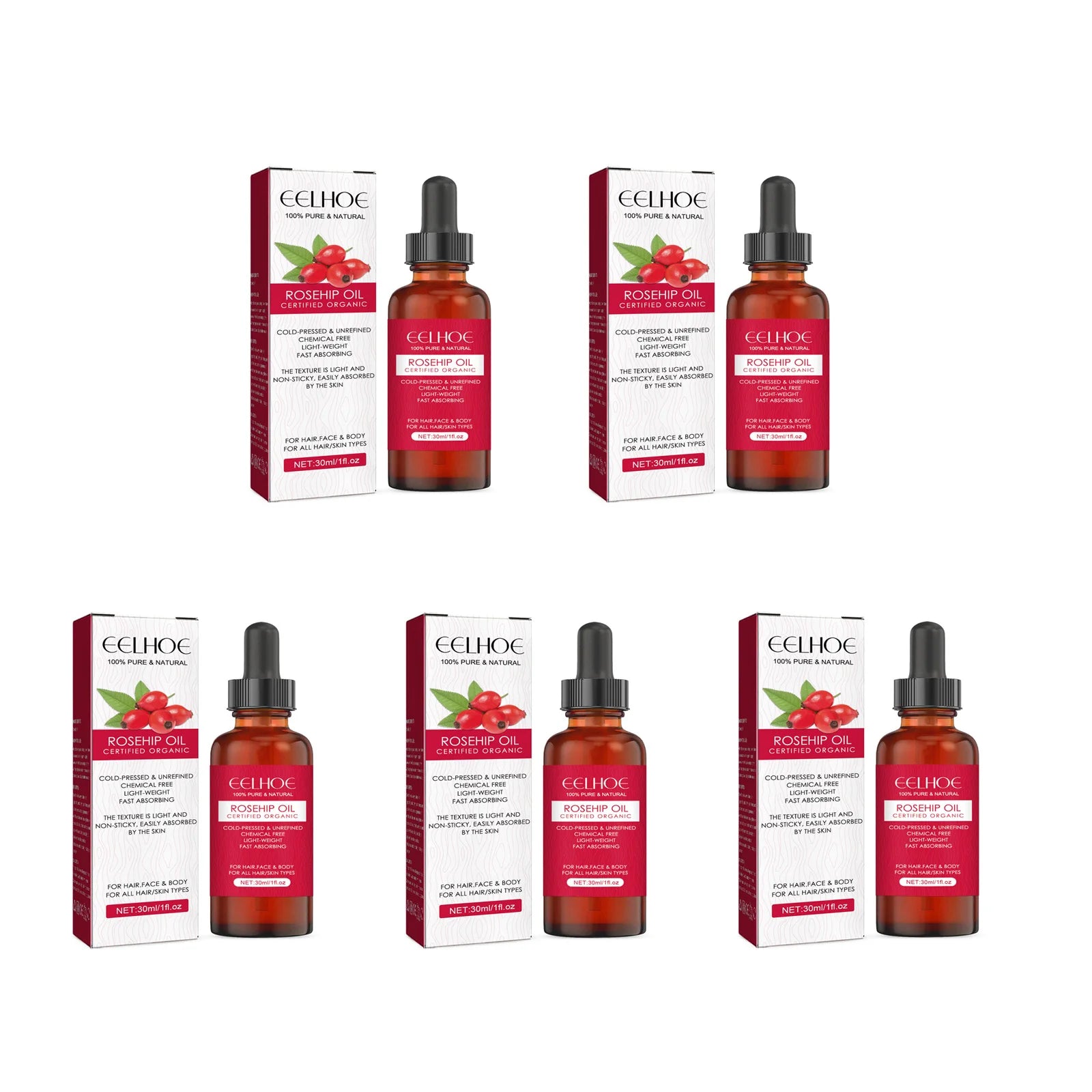 EELHOE Rosehip Facial Essential Oil Fade Fine Line Lifting Firming Repair Smooth Moisturizing Whitening Nourishing Skincare Oil Oasis Select 5 x 30ml Boxed
