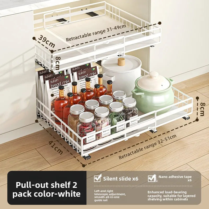 Kitchen retractable storage rack No punching, drawer type, pots, seasonings, dishes, basket, sink, pull rack Oasis Select White 2piece set