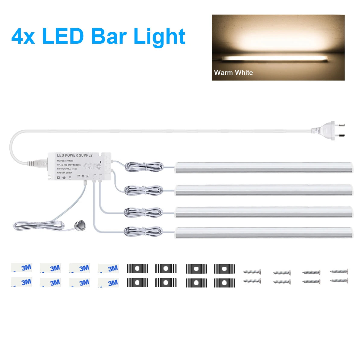 12V Touch Dimmable Swtich Control LED Light Bar White/Warm White 30CM/40CM/50CM Led Night Lamp for Kitchen Room Closet,1/2/4/6pc Oasis Select 40CM 4pcs Warm White