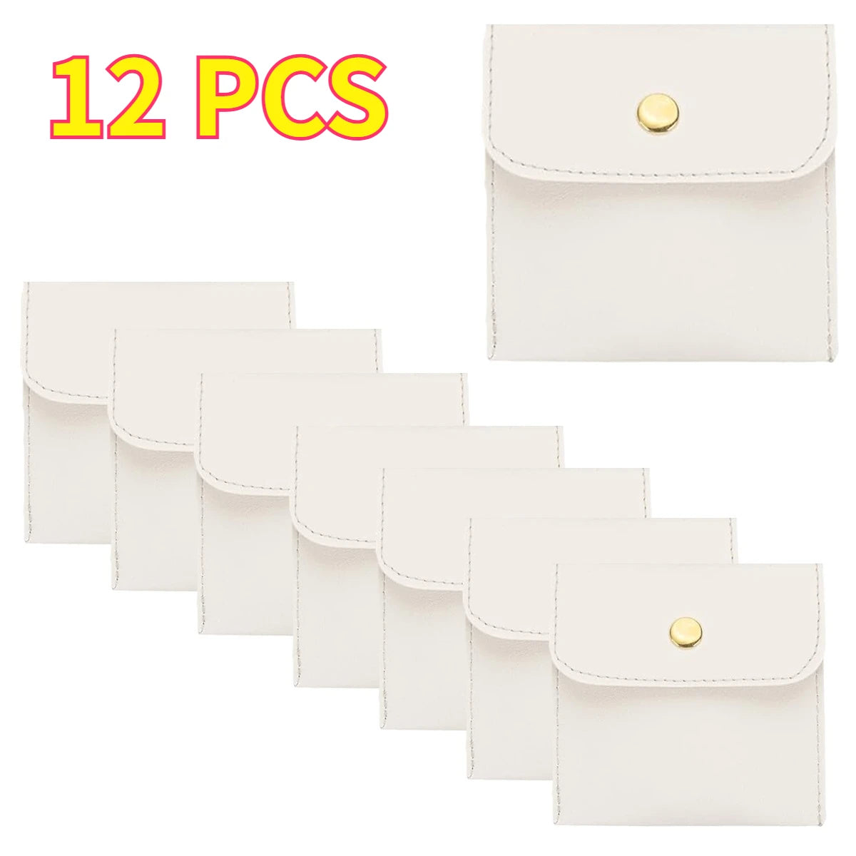 6/12PCS Small Jewelry Pouch PU Leather Square Snap Button Travel Bracelet Packaging Earrings Rings Necklaces Compact Organizer Oasis Select White 12pcs