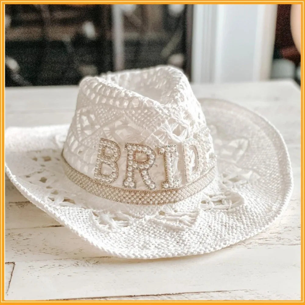 Rhinestone Letter Bride Groom Cowboy Hat Hollow Wide Brim Cowgirl Hat Crochet Western Cowboy Hat For Wedding Bachelorette Party Oasis Select BRIDE