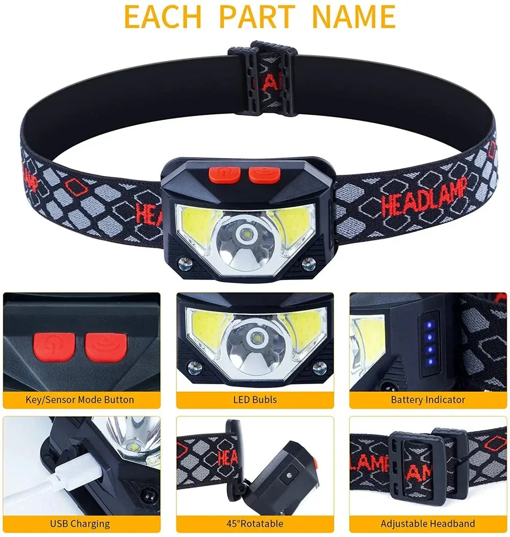 8 Modes LED Headlight Handfress Motion Sensor Powerful Headlamp Head Lamp COB Flashlight Torch Head Light For Camping, Fishing Oasis Select