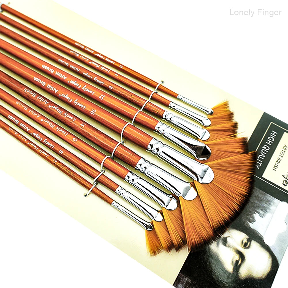 Artist Fan Paint Brush Set of 9, Nylon Hair Anti-Shedding Brush Tips, Wooden Handle for Comfortable Holding, Acrylic O Oasis Select