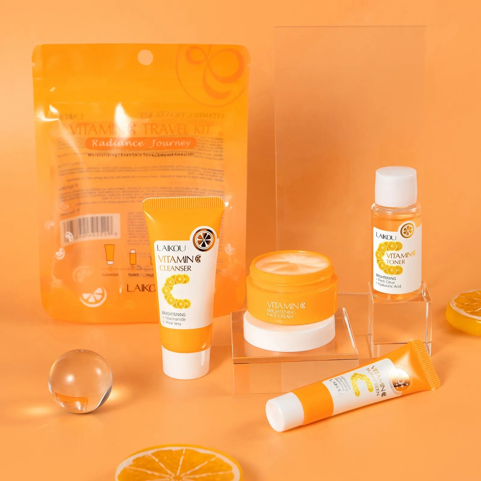 Vitamin C Skincare Set 4pcs Travel Kit Cleanser Toner Essence Cream Sunscreen Protection Deep Cleansing Moisturizing Facial Care Oasis Select