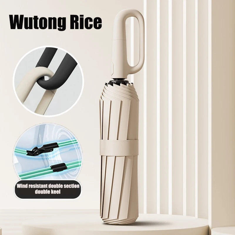 Oversized Reinforced Windproof Rainproof Dual-use UV Resistant Fully Automatic Rotating Ring Buckle Umbrella Fold double keel Oasis Select Wutong Rice 16K