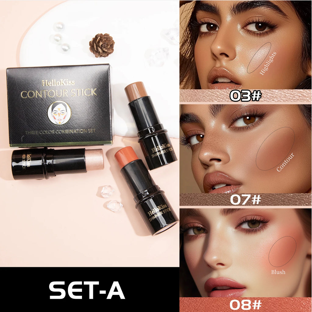 Hello Kiss 3-Piece Concealer Stick Set – Contour, Highlight & Blush