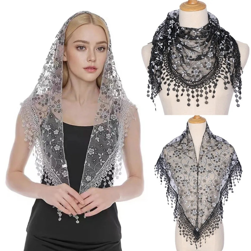 Gifts Triangle Lace Veil Headscarf Floral Breathable Women's Small Floral Scarf Lace Triangle Veil Sequined Gauze Scarf Oasis Select
