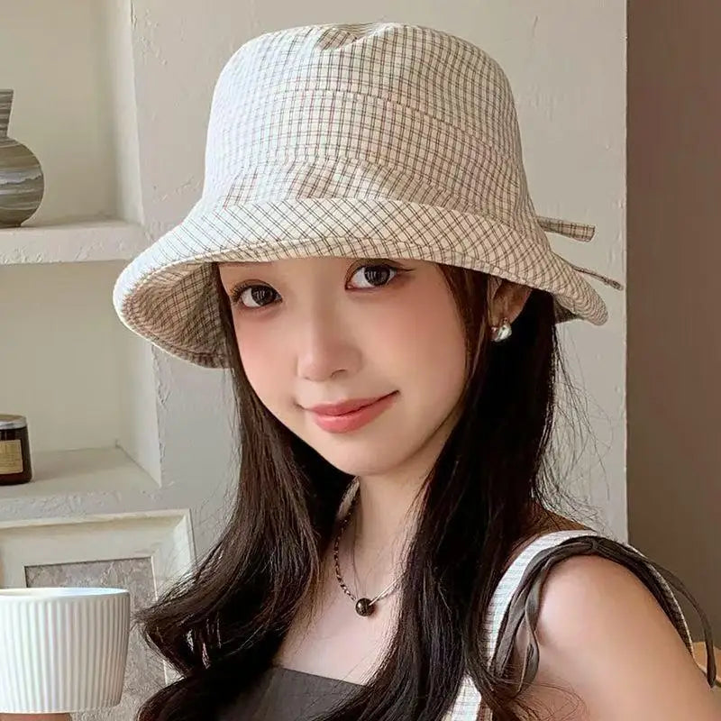 Womens Plaid Fisherman Cap Summer Rolled Edge Bow Bucket Hat Breathable UV Shield Sun Cap for Beach Holiday Travel Oasis Select C