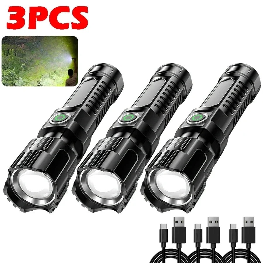Ultra Bright Zoomable LED Flashlight,Rechargeable 3 Lighting Modes Portable High Lumens Outdoor Camping Fishing Emergency Hiking Oasis Select 3PCS
