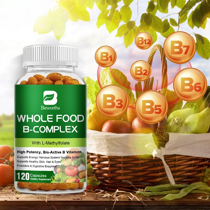 BEWORTHS Vitamin B Complex Capsules B1,B2,B3,B5,B6,B7,B12 Whole Food Supplement for Stress, Energy and Immune Support Non-GMO Oasis Select