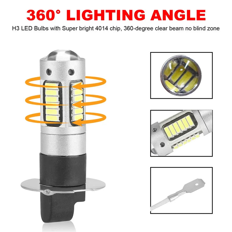 2pcs Car H3 LED Fog Lights High Power Lamps Daytime Running Light Bulbs Super Bright 6000K White Lamp Oasis Select