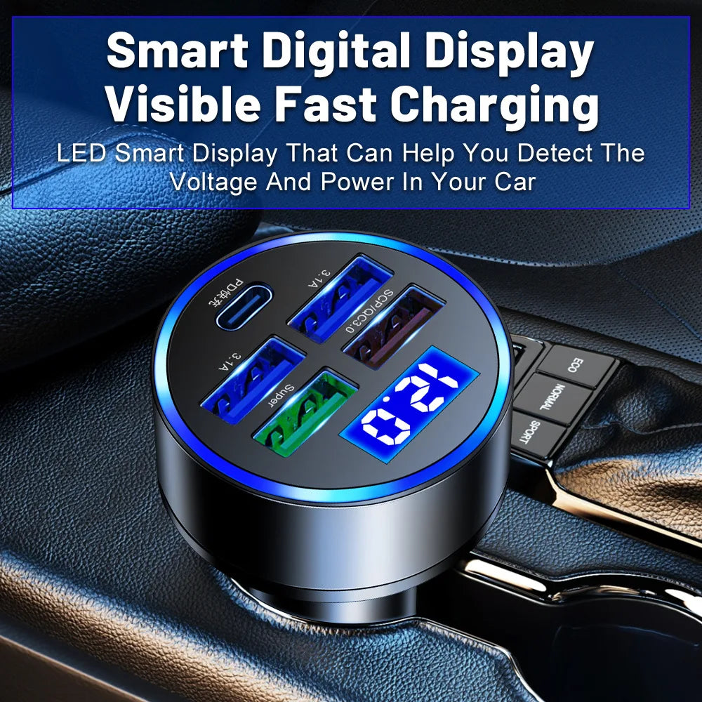 PD QC30 Car Charger 5 Ports Fast Charge USB C 250W LED Phone Charger Type C Adapter for Iphone Samsung Huawei Xiaomi Oasis Select