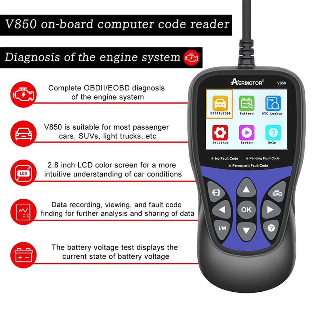 Aermotor V850 OBD2 Car Diagnostic Scanner & Code Reader OBD2 Diagnostic Scanner Oasis Select