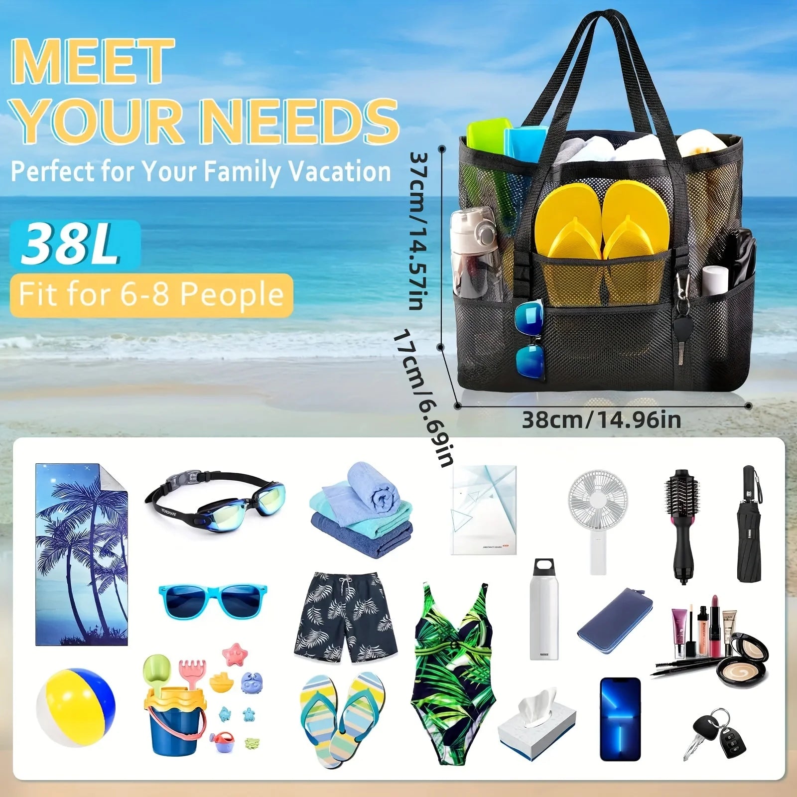 Large Capacity Folding Mesh Beach Bag - Breathable Mesh Lining, Reinforced Handles for Pool, Gym, Travel, and Outdoor Activities Oasis Select