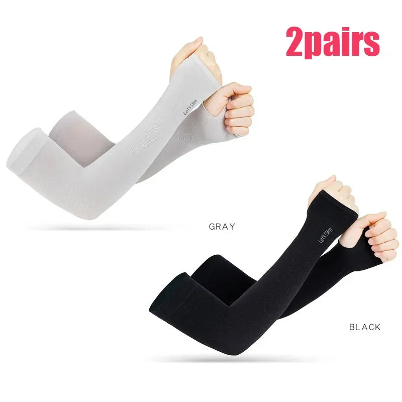 Summer Ice Silk Long Sleeves Anti-Sunburn Arm Cover Men Women Cuff New Cool Hand Sleeves Anti-UV Cycling Arm Sleeve Fingerless Oasis Select gray-black B