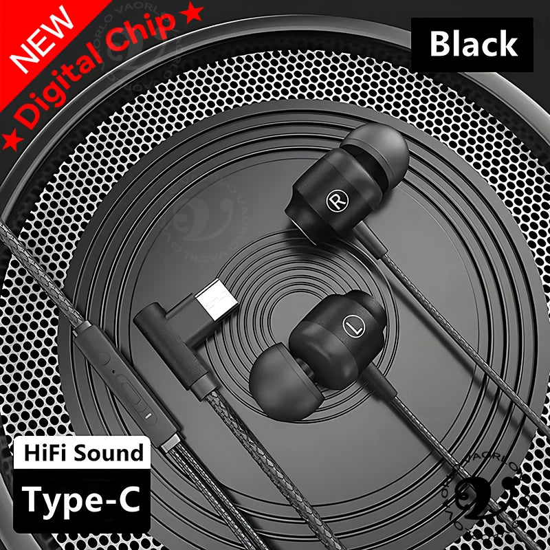9D HIFI Heavy Bass Game Earphones 3.5MM AUX/Type-C 90° L Elbow Metal Magnetic Music Earbuds With Mic In-Ear Headsets For Android Oasis Select Type-C Black