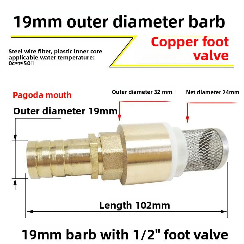 Copper Tower Bottom Valve with Filter Screen Check Valve, Self-priming Pump Inlet Anti Backflow Spring Insertion Pipe Filter Oasis Select Outer diameter 19mm 6-point bottom valve