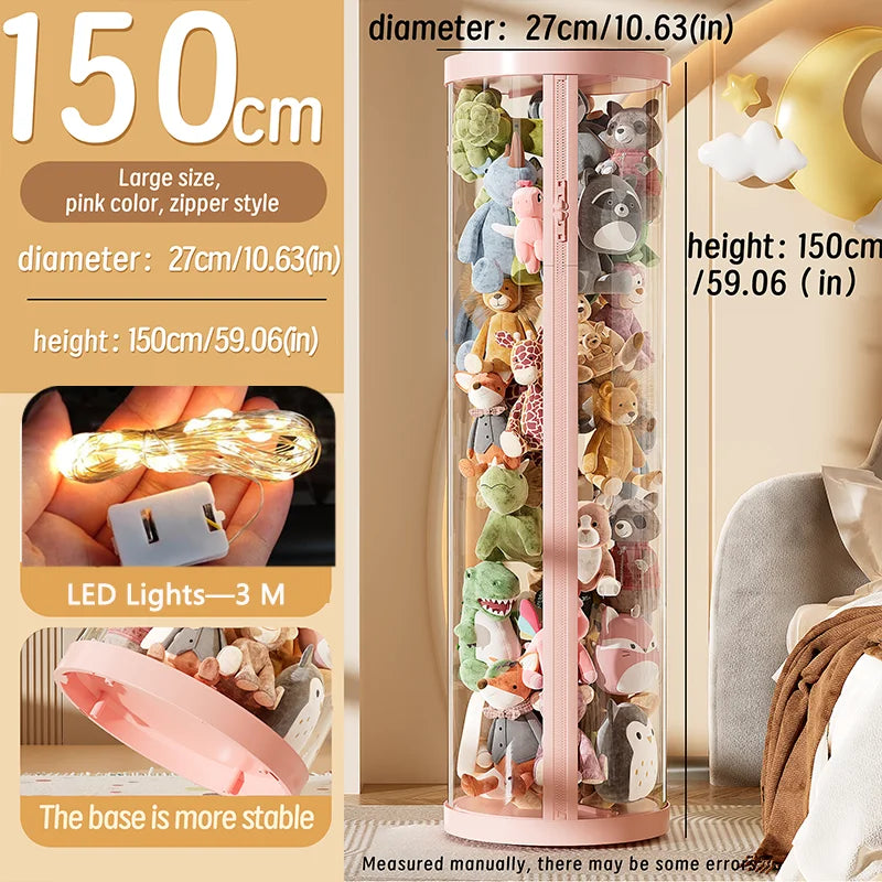 Transparent Doll Storage Box Plush Toy Organization Toy Storage Tube DIY Zipper Bins Kid Christmas Gift Children's Toy Organizer Oasis Select pink-L-With light