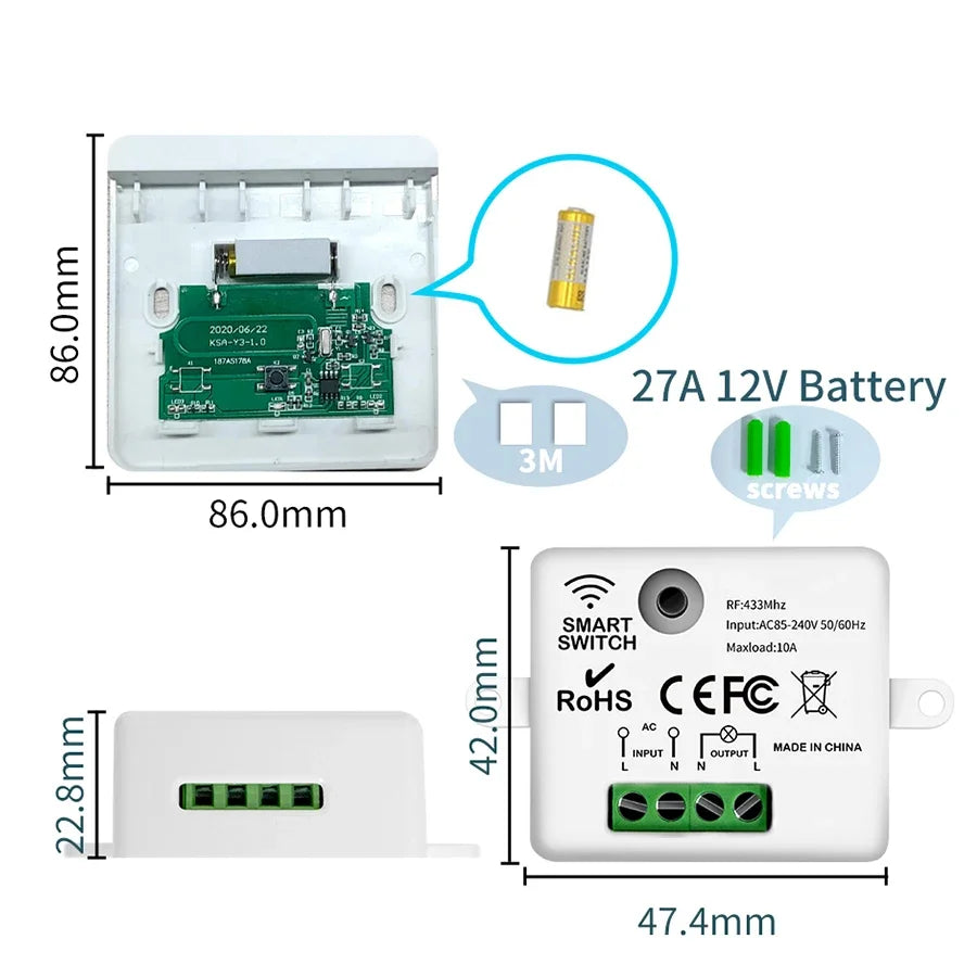 433MHz Wireless Smart Wall Switch 1/2/3 Gang Remote Relay Wireless Light Switch Oasis Select