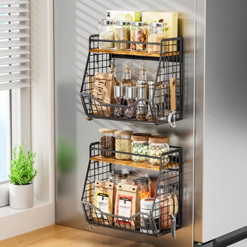 Kitchen Magnetic Refrigerator Hanger Wall-mounted Seasoning Rack Fruit and Vegetable Storage Basket Removable Magnetic Oasis Select