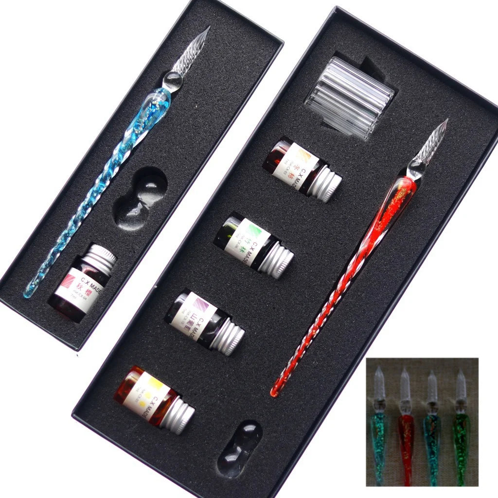 Crystal Glass Pen Dip Pen Set Gradient Color Retro Dip Pen Glass Pen Gift Box Oasis Select