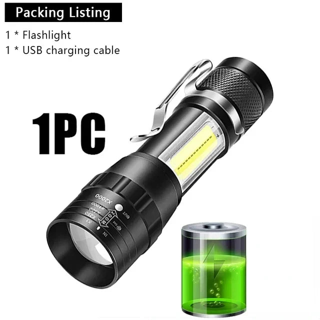 KDULIT Mini Portable Flashlight COB+XPE Zoomable Torch USB Rechargeable Outdoor Camping Fishing Long Range Emergency Lantern Oasis Select 1pcs