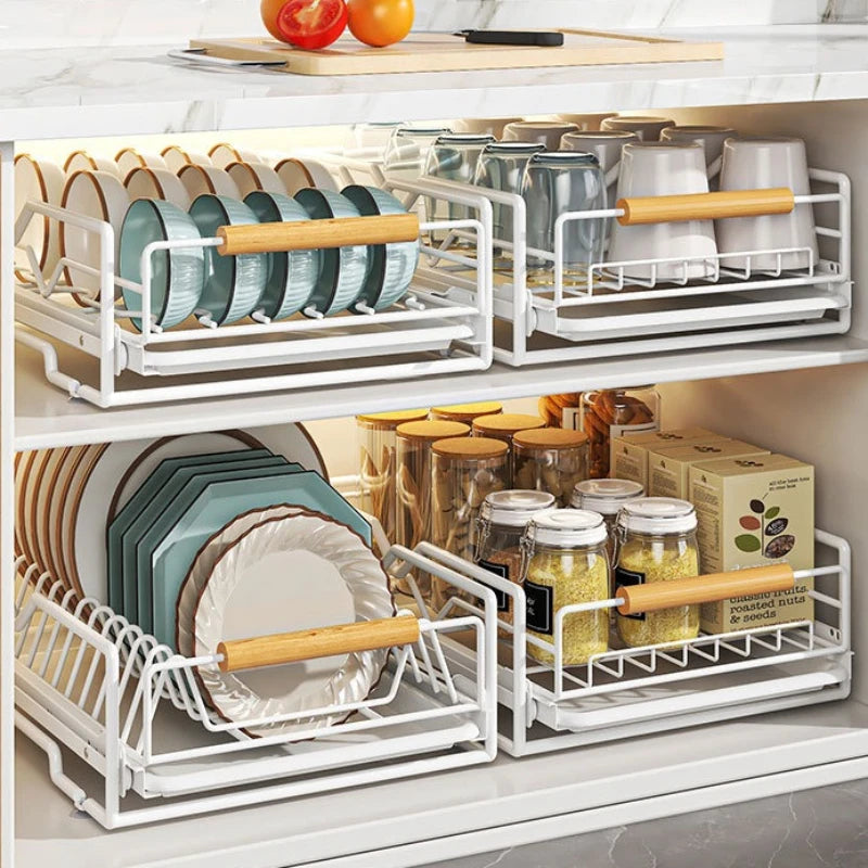 Kitchen Household Drain Bowl Rack Layered Seasoning Bowl Rack in Cabinet Double Layer Drawer Type Pull Basket Dish Storage Rack Oasis Select