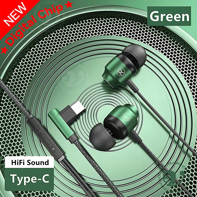 9D HIFI Heavy Bass Game Earphones 3.5MM AUX/Type-C 90° L Elbow Metal Magnetic Music Earbuds With Mic In-Ear Headsets For Android Oasis Select Type-C Green