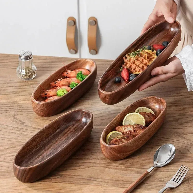 Walnut Wood Boat-Shaped Bowl – Fruit, Nut & Sushi Plate Wooden Serving Bowl Oasis Select