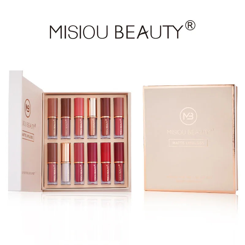 12-Color Liquid Matte & Pearl Lip Gloss Set | Long-Lasting