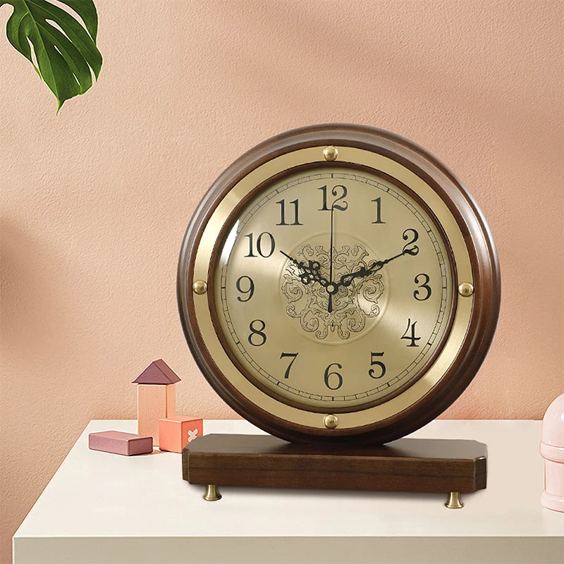 European Style Clock Living Room Household Desktop Silent Clock Brass Decorative Table Wooden Minimalist Counter Oasis Select