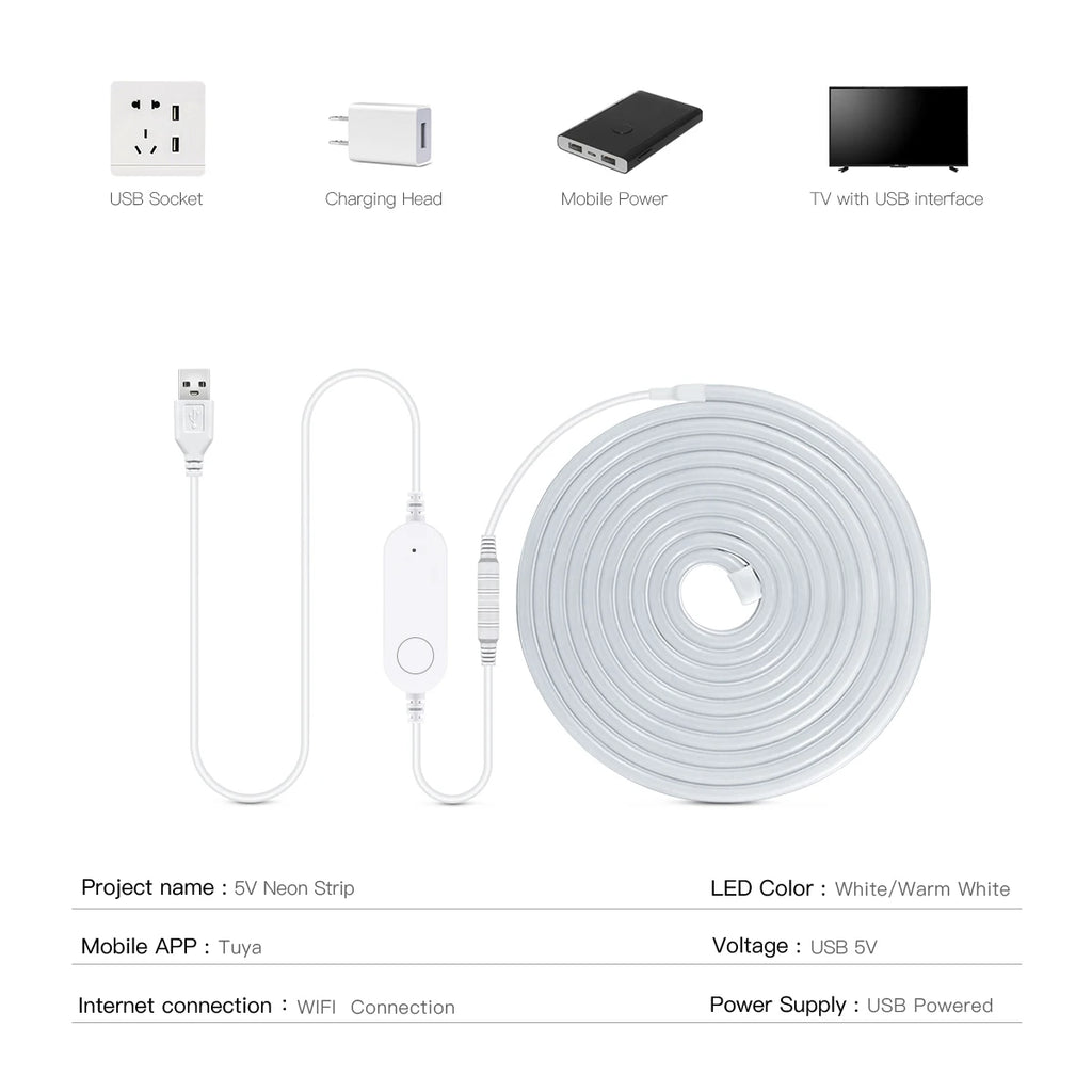 Tuya WiFi USB 5V Neon LED Strip Waterproof Dimmable Warm/White LED Strip Lights 1m/2m/3m for Alexa Google Home Assistant Oasis Select