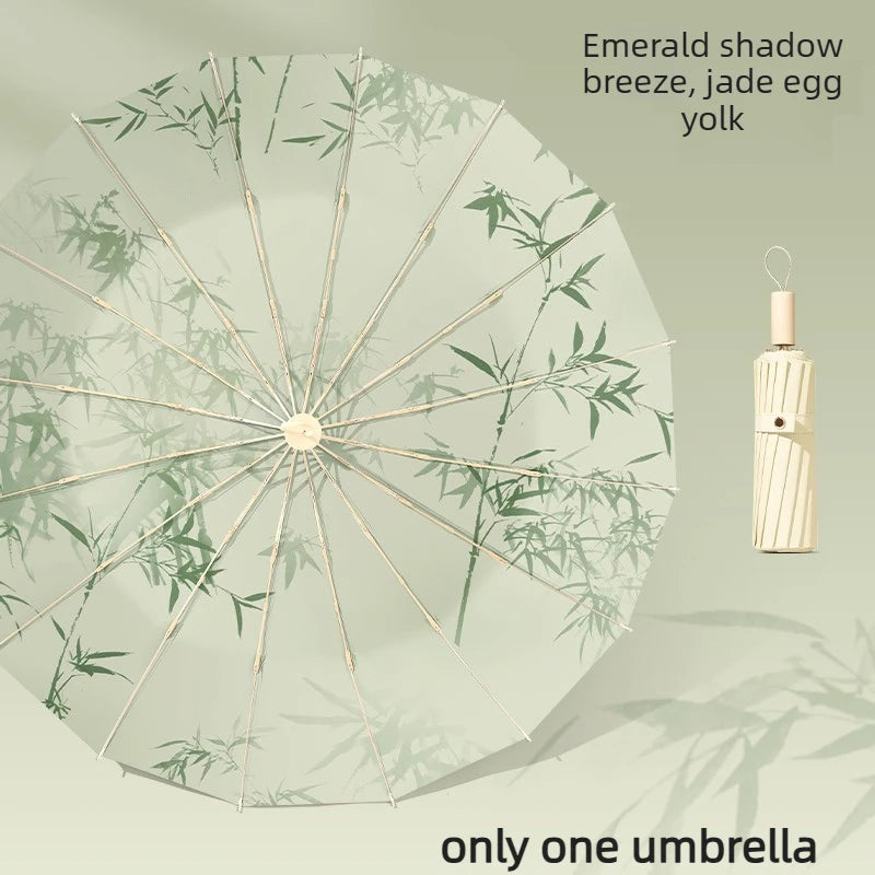 6 Ribs Reinforced Large Folding Umbrella Dual-purpose Sun Rain Umbrella UV Protection Sun Parasol for Women Oasis Select Emerald shadow Aluminum 16K