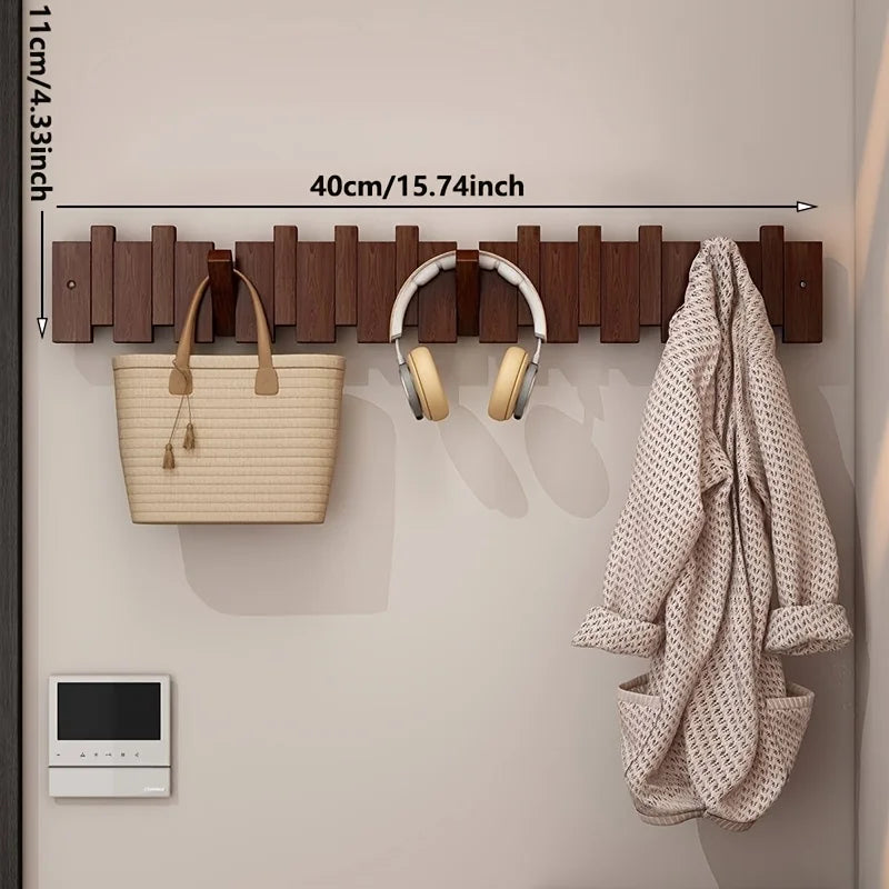 A Wooden Coat Rack with 4/6 Hooks, Featuring a Wall-mounted Piano Key Design and Foldable Hooks,Multifunctional Household Hook Oasis Select