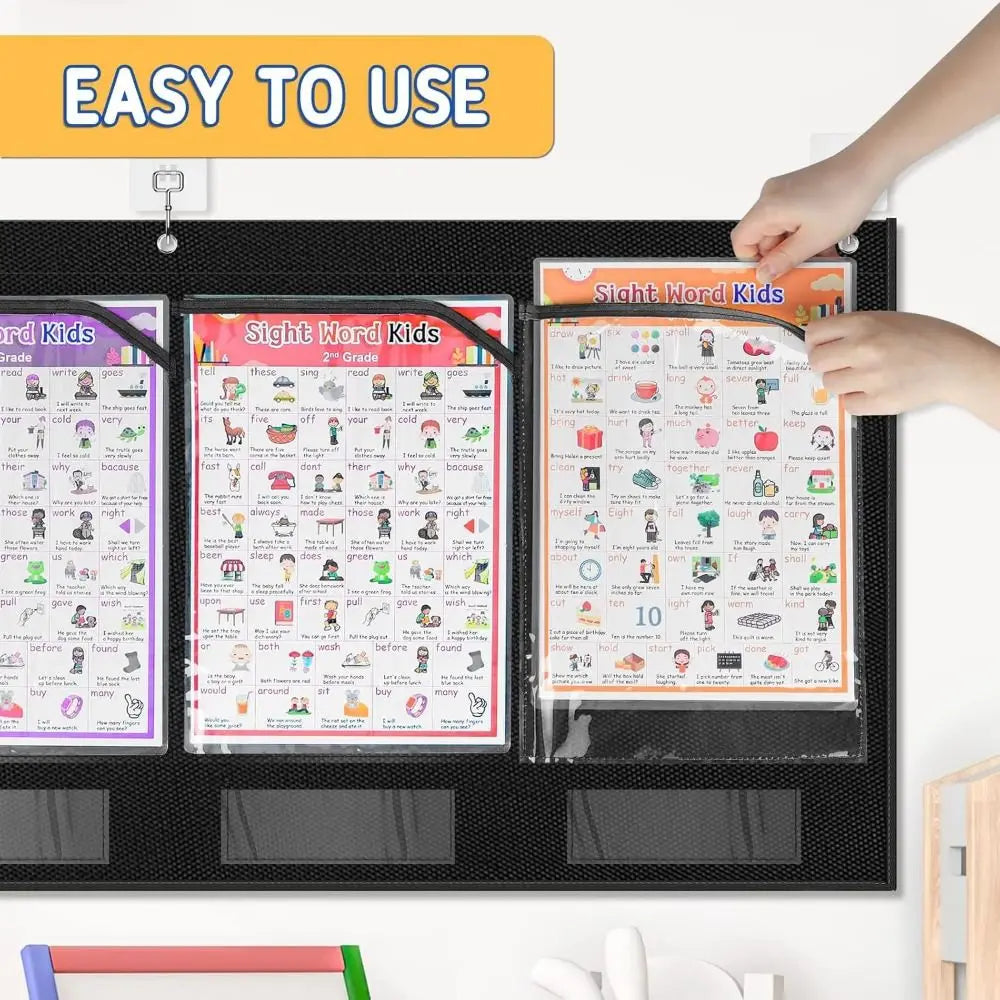 Sturdy Horizontal Storage Pocket Chart Reusable with 6 Clear Pockets Wall Pocket Chart with Label Durable Foldable Oasis Select