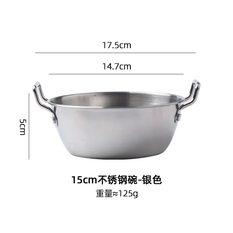 1Pcs Korean Style Cuisine Bowl Durable Stainless Steel Rice Wine Bowls Household Double Ear Snacks Plate Instant Noodle Bowl Oasis Select silver-L