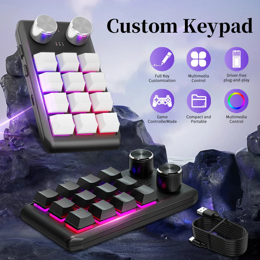 12 Keys 2 Knob RGB Programming Macro Gaming Knob Keypads Mini Custom Programming Keyboard USB Mechanical Keyboard for Photoshop Oasis Select
