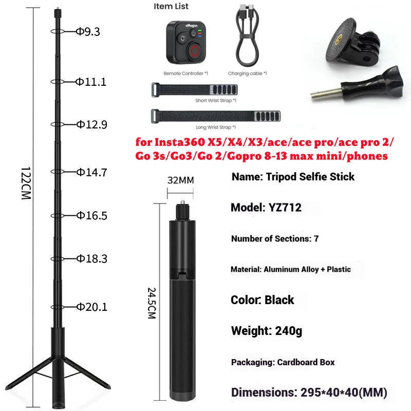 120cm Invisible Selfie Stick Tripod for GoPro, DJI & Insta360