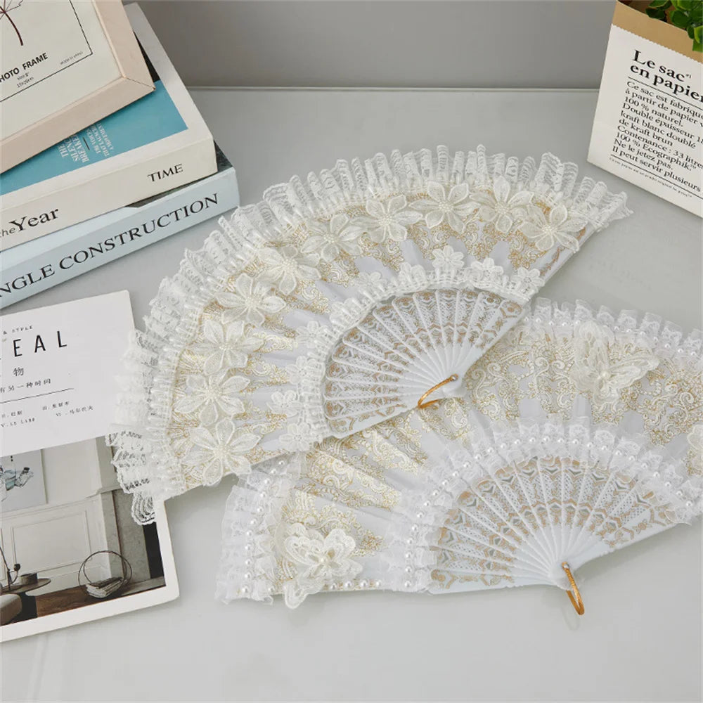 Fashion Wedding White Lace Folding Fan Plastic Wedding Cosplay Party Home Decorative Fan Ancient Bride Hand Fan Decoration Oasis Select