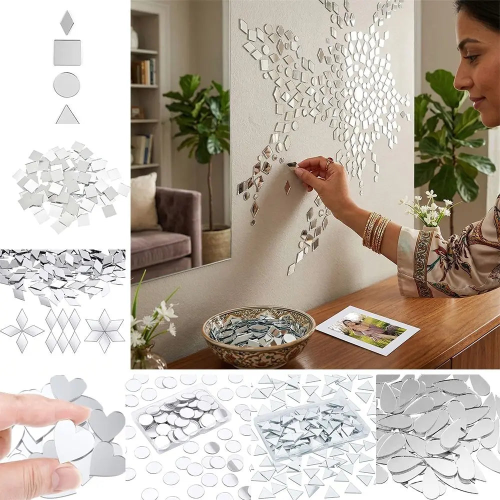 200PCS Multi Shape DIY Craft Mirror Stickers Round Square Triangle Diamond Heart Waterdrop Mirror Tiles Decals Adhesive Backing Oasis Select