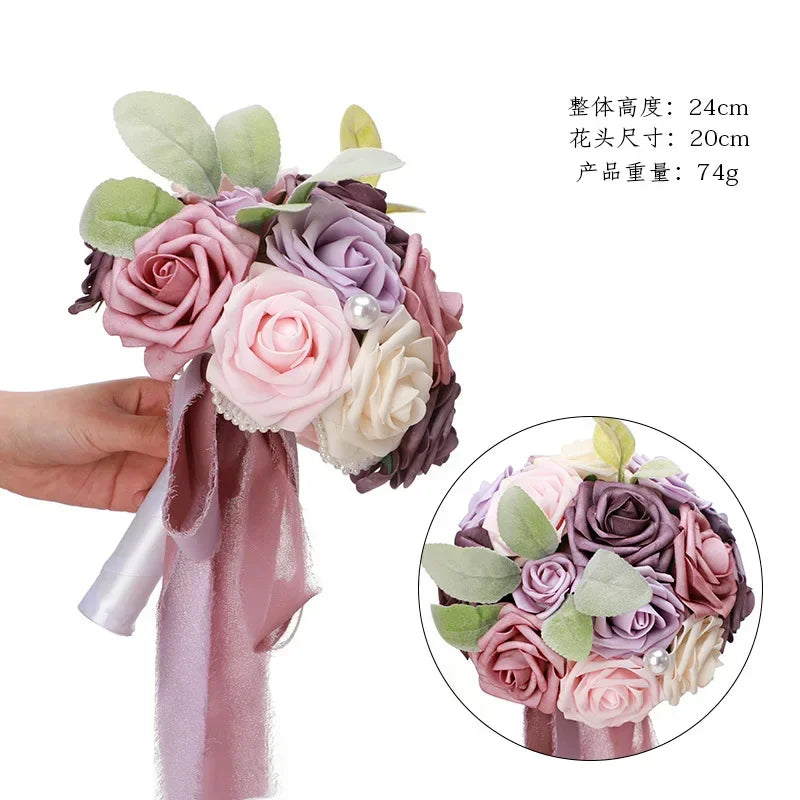 Bridesmaid Gold Hoop Bouquet for Wedding Bridal Shower Ceremony Artificial Rose Flower Hoop Wreath Front Door Wall Decoration Oasis Select B-Light Purple