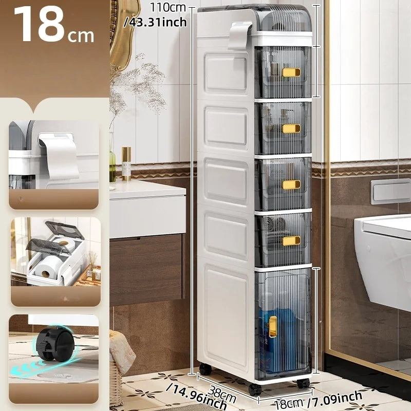 18cm Narrow Storage Cabinet, Multi-Tier Slim Organizer for Bathroom/Living Room, Holds Towel/Tissue/Cosmetic, Space-Saving Shelf Oasis Select with a lid-1 L 4 S