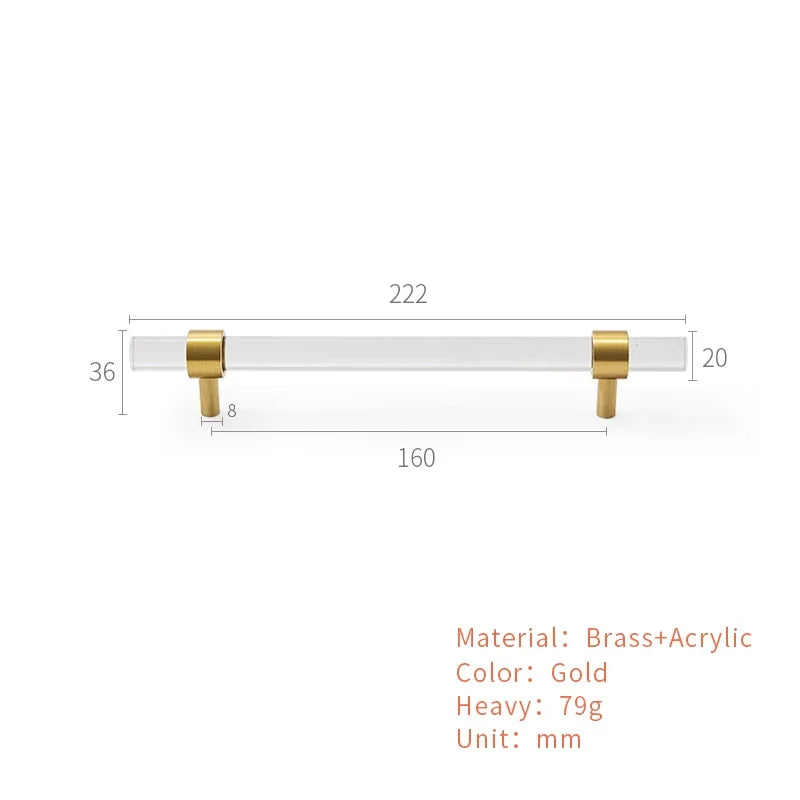 Brass Transparent Furniture Handles Modern Minimalist Acrylic Silver Gold Wardrobe Cupboards Dresser Drawer Kitchen Knobs Oasis Select A4-160mm