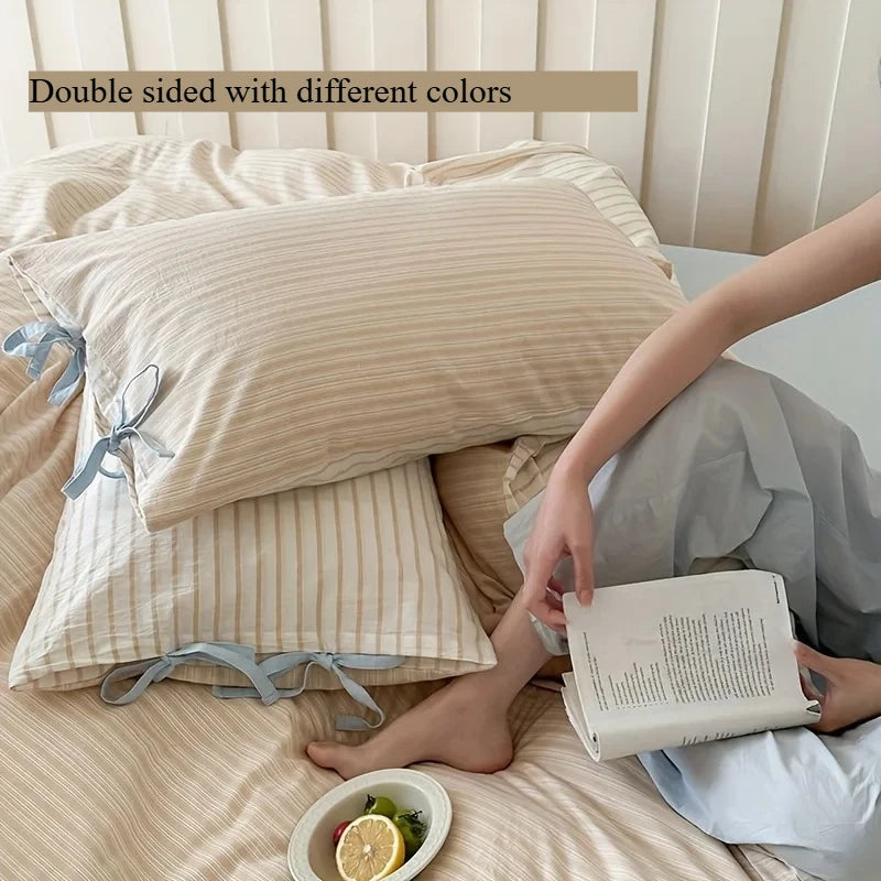 48x74cm Double Sided Stripes Bow Pillow Cases Soft Comfortable Covers Cotton Pillow Cover Pillow Sham Beds Home Decoration gifts Oasis Select Vanilla milk coffee 2pcs