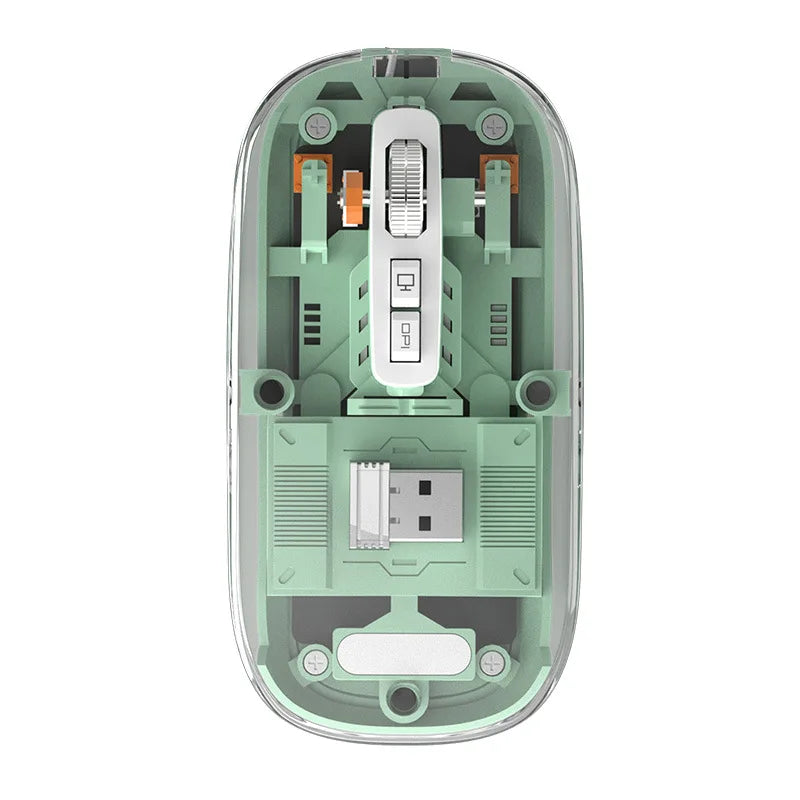3 Modes Wireless Bluetooth Transparent Gaming Mouse DPI Adjustable Rechargeable Battery Display Silent Mice for PC ipad Laptop Oasis Select green