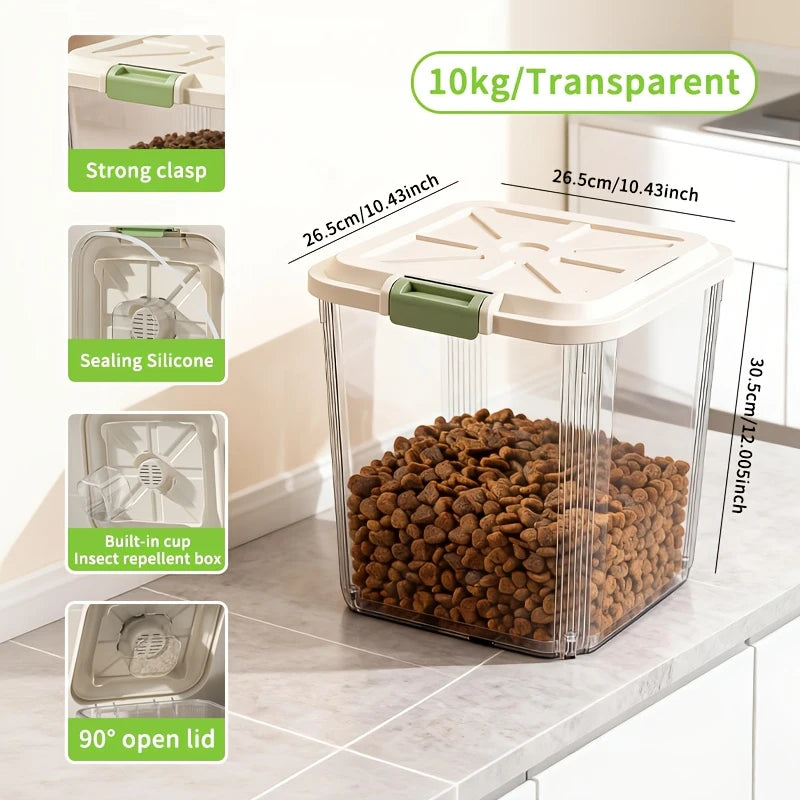 Large-capacity pet food storage bin with wheels. Features a built-in measuring scoop and a snap-on lid,keep pet grain dry. Oasis Select 10kg