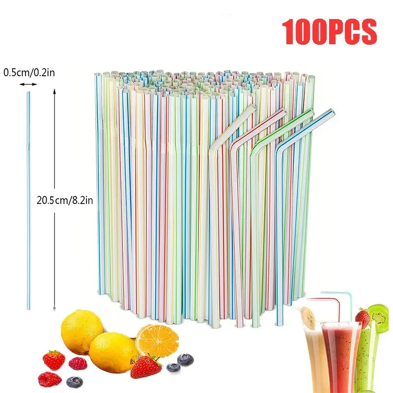 Disposable Plastic Curved Drinking Straws Reusable Child Straw for Drinks Colorful Drinking Tube Multi-time Straw Party Supplies Oasis Select 100PCS-Stripe