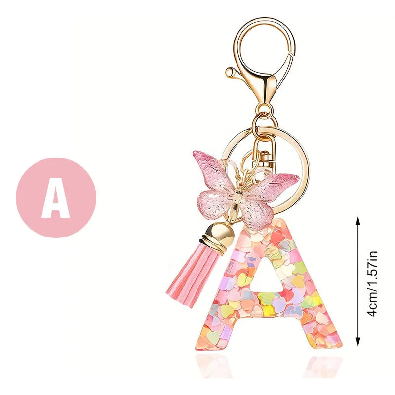 1pc Pink Glitter Letter Keychain with Heart Butterfly Tassel Crystal Resin Charm Fashion Accessory Gift for Women & Girls Oasis Select A