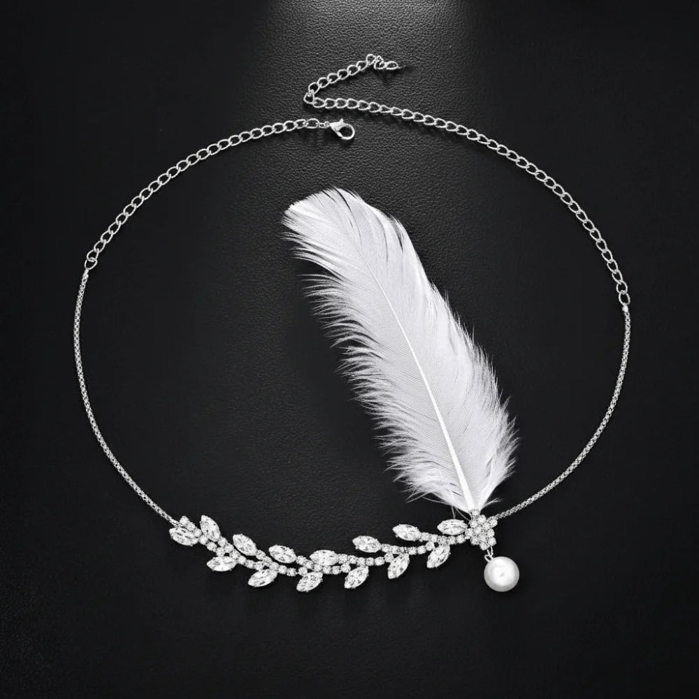 New Retro Feather Hairband with Rhinestone Feather Shape Leaf Headwear Hair Band for Men And Women Oasis Select Silver